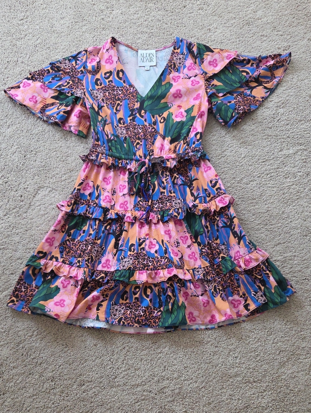 Alden Adair Pink Floral Tiered Ruffle V‑Neck Dress